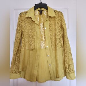 Mustard Yellow Lace Button-Up Blouse Oversized  XS MULTILPLES. Roll Up Sleeves